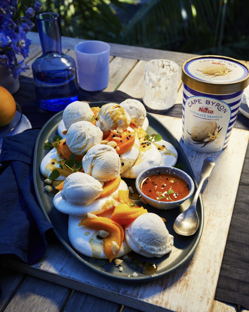 Summer Mango Pavlova with Norco Cape Byron Ultimate Vanilla Ice Cream